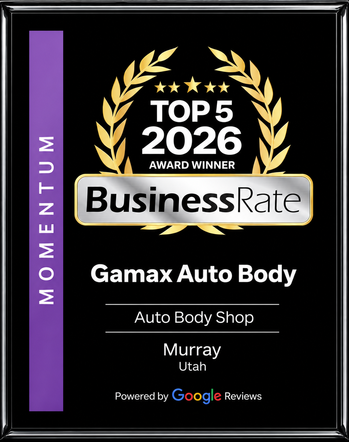 BusinessRate Top 5 2026 Award Winner for Gamax Auto Body in Murray, Utah